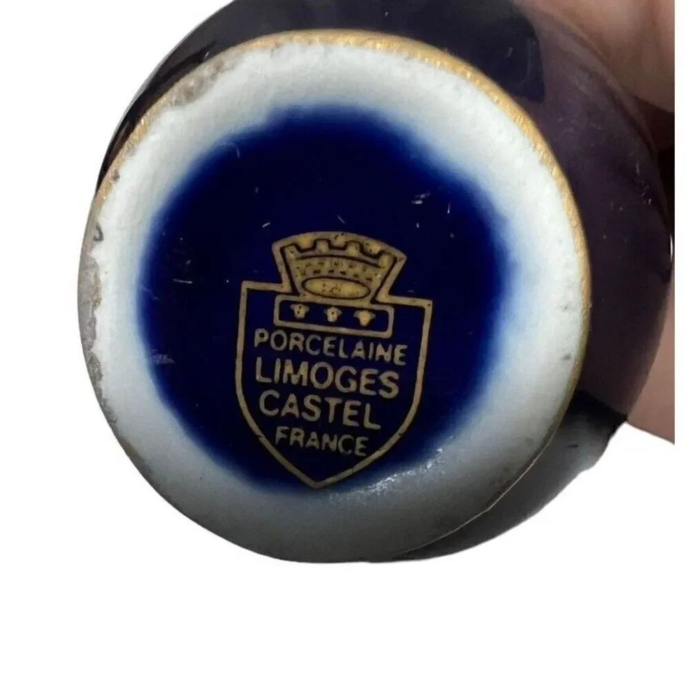 Vintage Limoges Castel France Porcelain Miniature Cobalt Blue & Gold Vases
